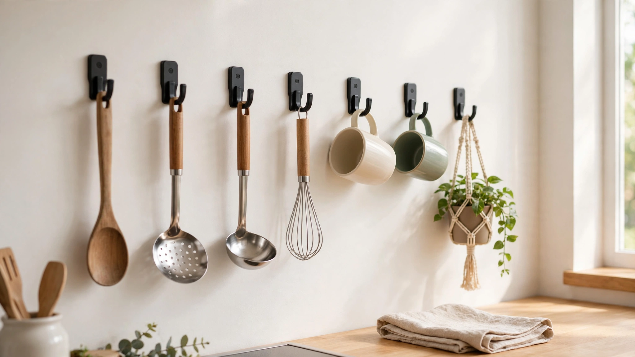 Adhesive Hooks for Utensils and Mugs